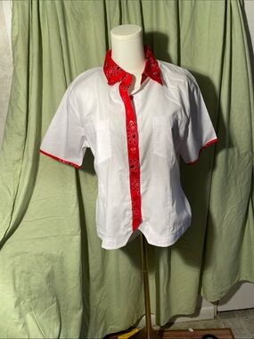 Western style vintage White  Short-Sleeve Shirt with Red Trim and paint pants